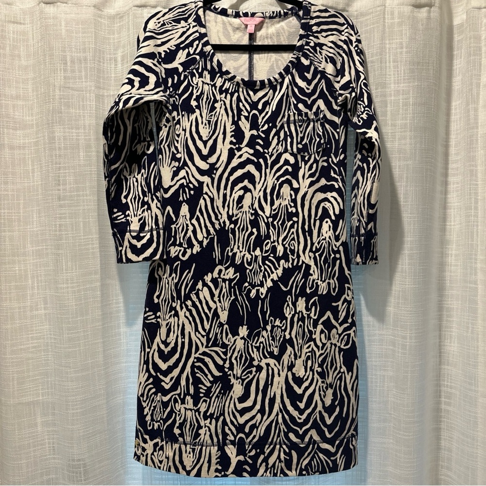 LILLY PULITZER Women’s Preston Dress Size Medium Navy White Entourage Zebra